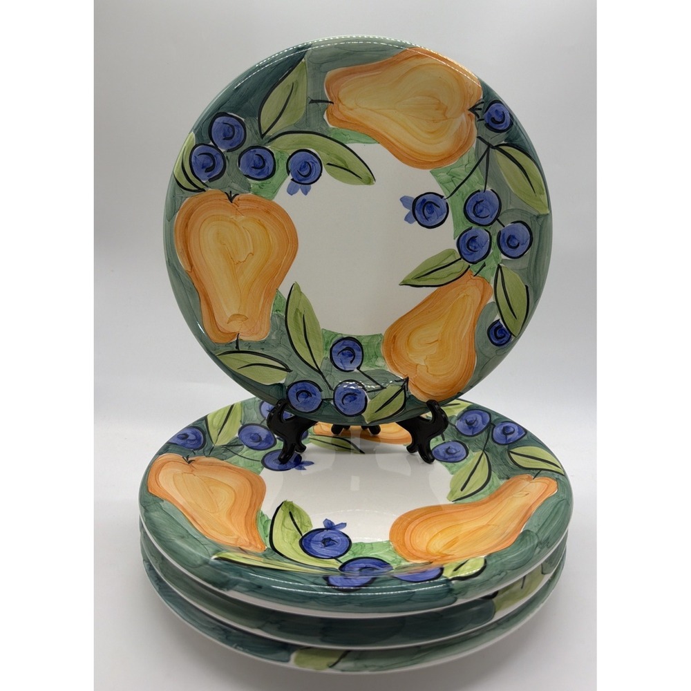BOB MACKIE  Pears Plums Green Rim FRUIT DINNER PLATES 10 1/2 Set Of 4